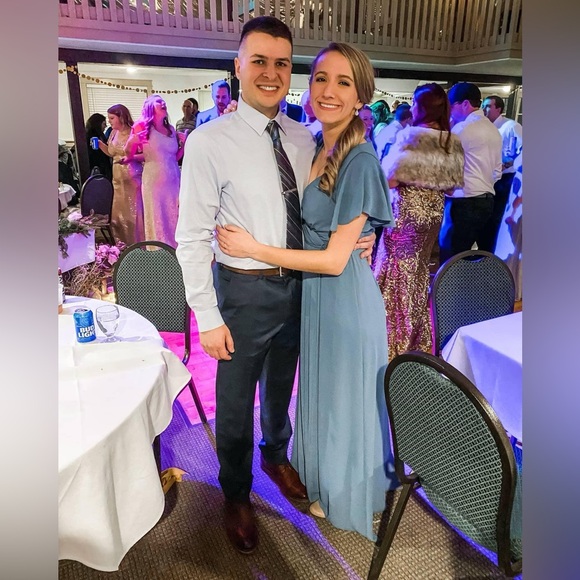 David’s Bridal Studio Flutter Sleeve Georgette Wrap Dress Steel Blue Size 6 - Picture 6 of 7